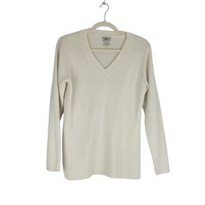 LL Bean Sweater Womens Large Beige Ivory Ribbed Long Sleeve V-Neck Pullover
